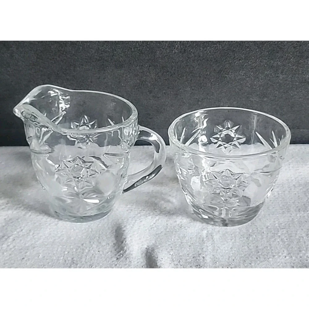 Vintage Anchor Hocking Star of David Clear Glass Creamer and Sugar Set